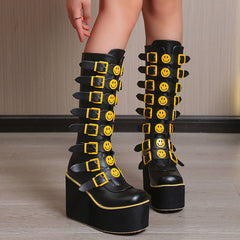 Happy Faces High Long Tube PU Leather Boots