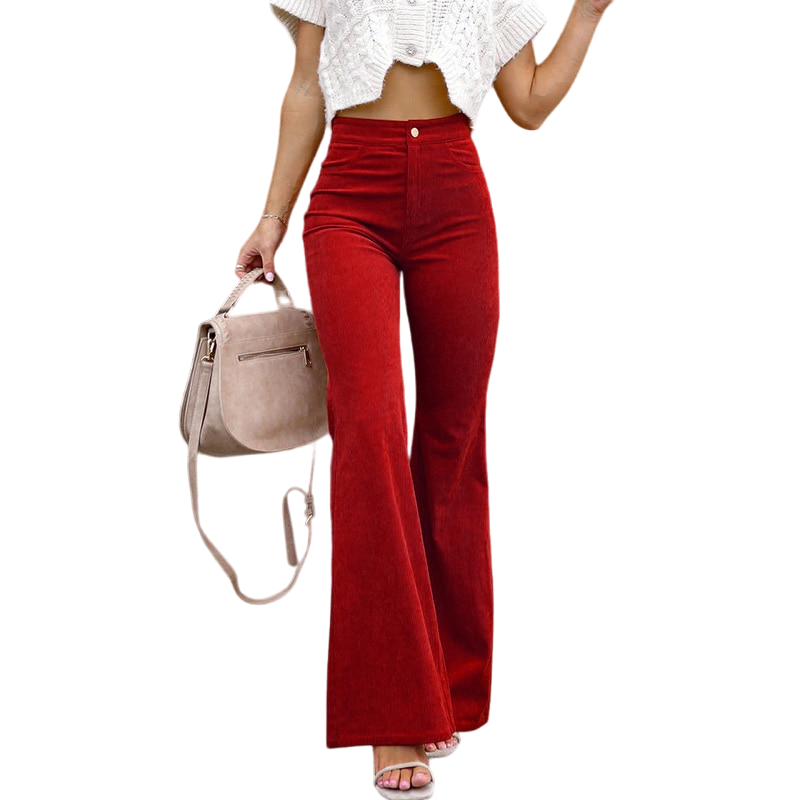 Wide-Waist Solid Color Corduroy Flared Pants