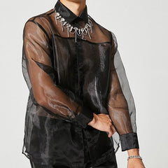 Mesh Transparent Lapel Long Sleeve Shirt