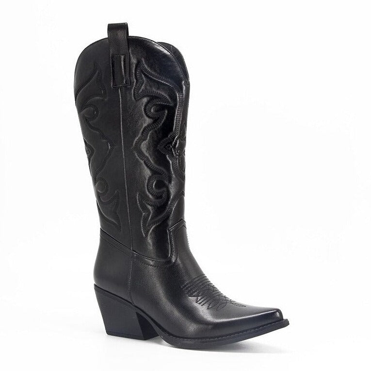 Embroidered Pointed Toe Chunky Mid Calf With Zipper Cowboy Boots