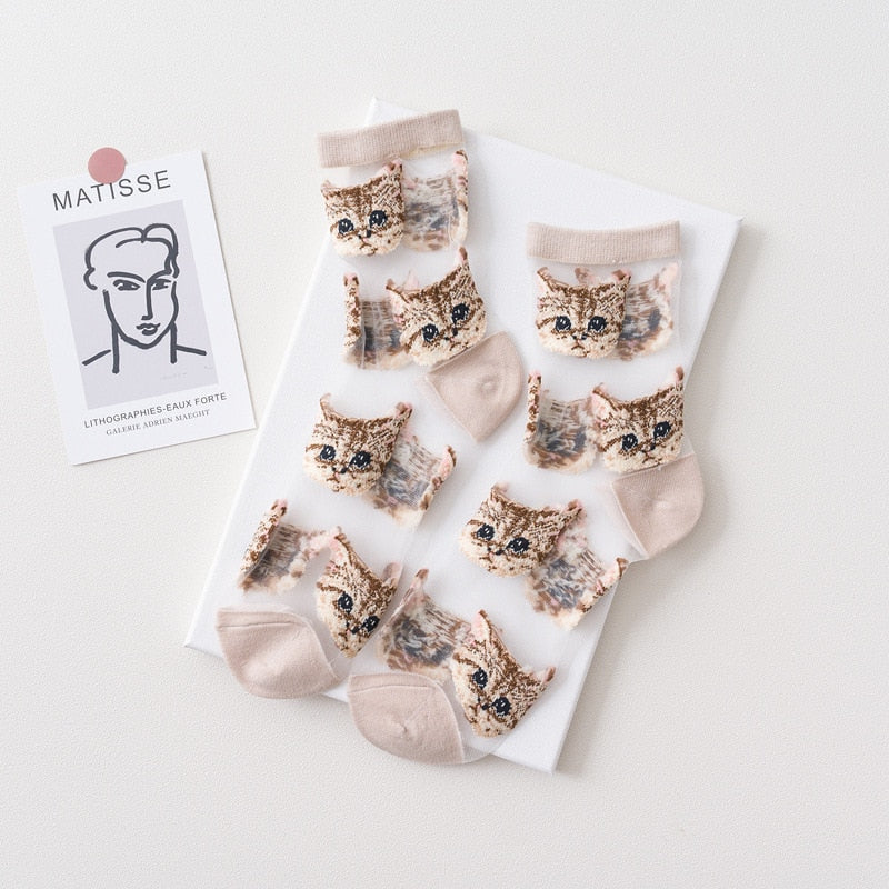 Cat Design Sheer Mesh Socks