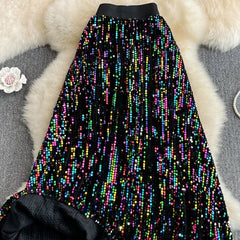 Sequined Elastic High Waist Long Skirt