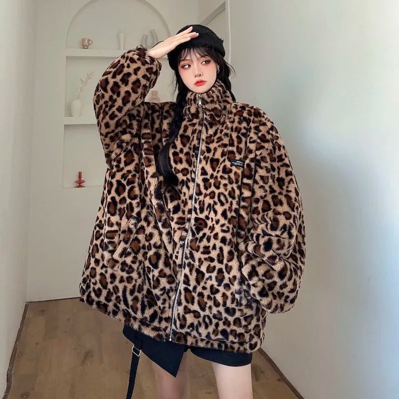 Leopard Print Two-Sided Plush Jacket