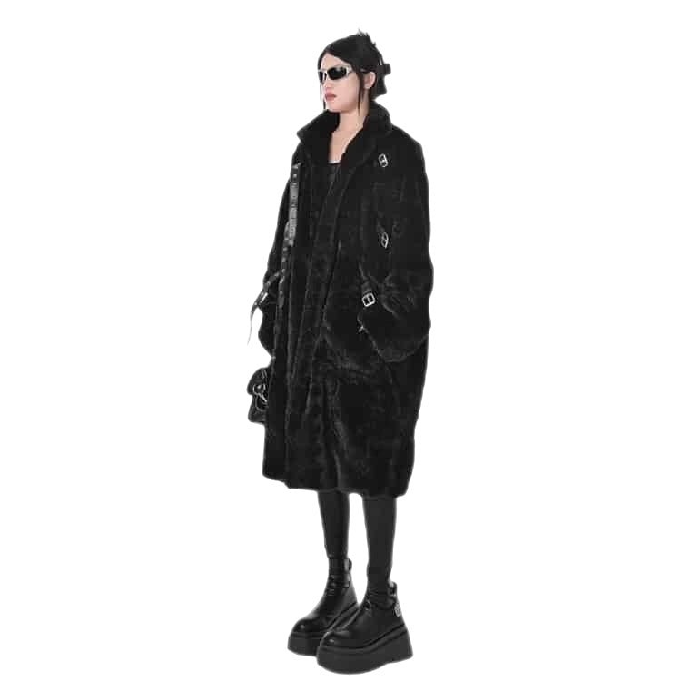 Punk Belt Fluffy Long Thick Faux Fur Coat