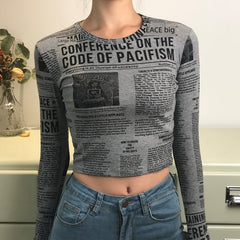 Newspaper Printed Long Sleeve Top