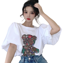 Cartoon Bear Print O-Neck Puff T-Shirt