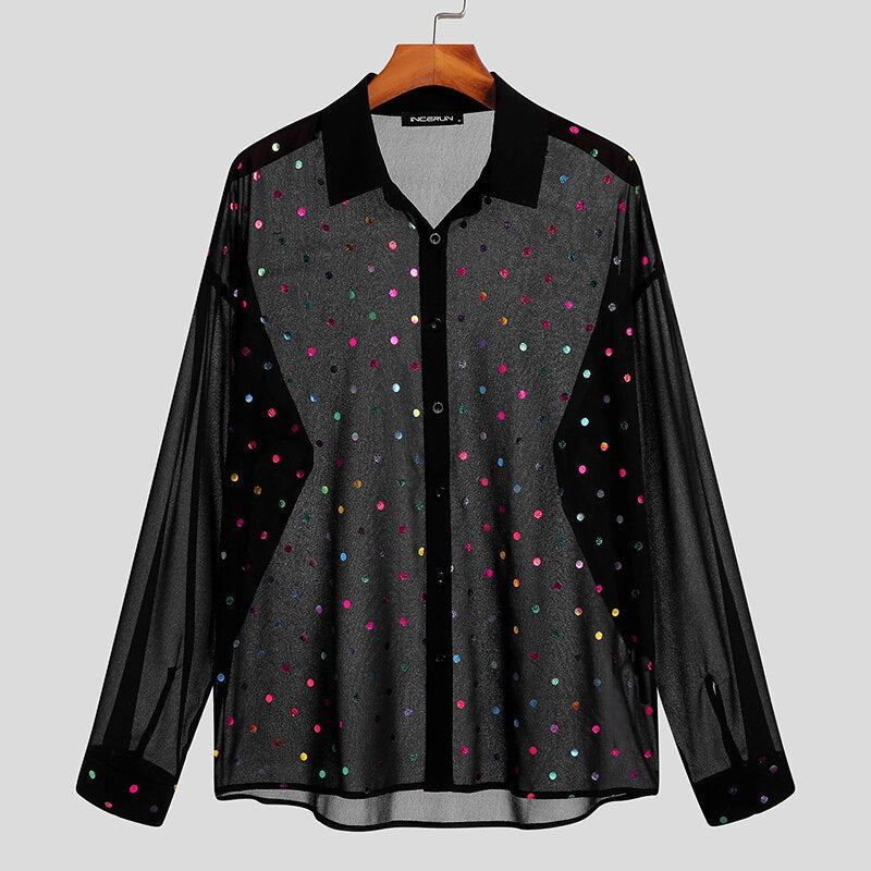 INCERUN 2022 Men Mesh Shirt Lapel Long Sleeve Transparent Streetwear Polka Dot Print Sexy Shirts Casual Camisa Masculina S-5XL