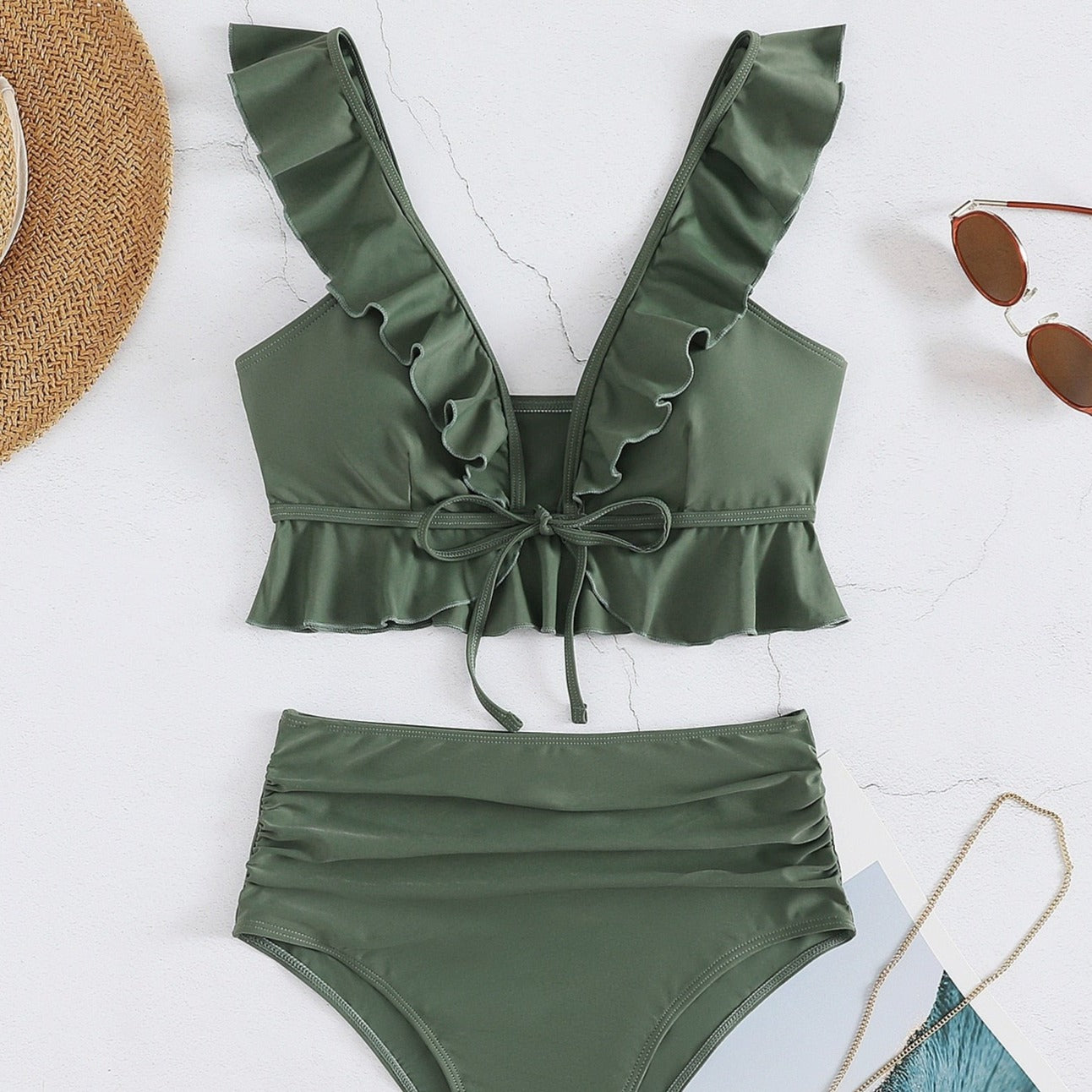 High Waist Ruffle Strap Bikini Set