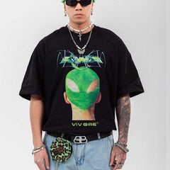 Green Hairstyle Print Hip Hop Relaxed Fit T-Shirt