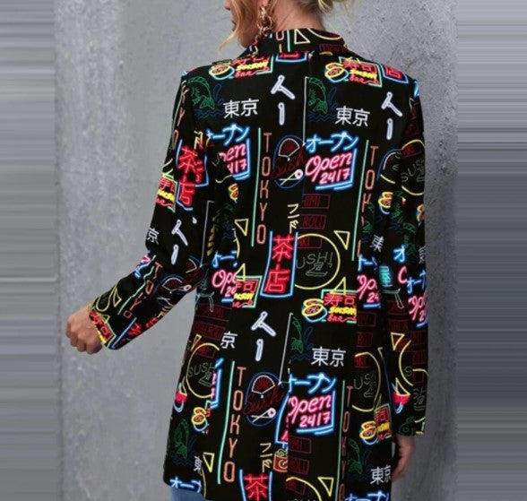 Neon Signs Letters Print Long Sleeves Lapel Suit Blazer