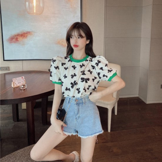 Ribbon Puff Sleeve Loose Blouse