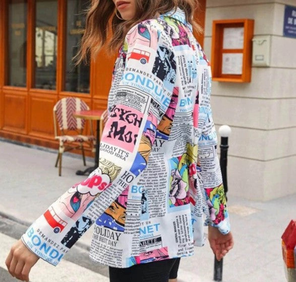 Newspaper Color Print Long Sleeves Lapel Suit Blazer