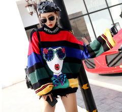 Cartoon 3D Abstract Fashion Girl Sequins Knitted Oversize Sweater