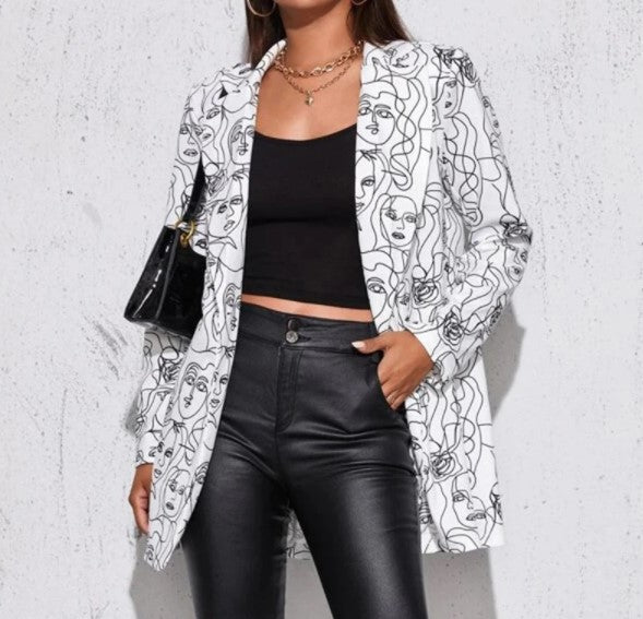 Women Abstract Faces Long Sleeves Lapel Suit Blazer