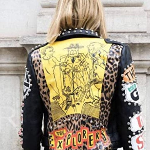 Leopard Graffiti Motorcycle PU Leather Jacket