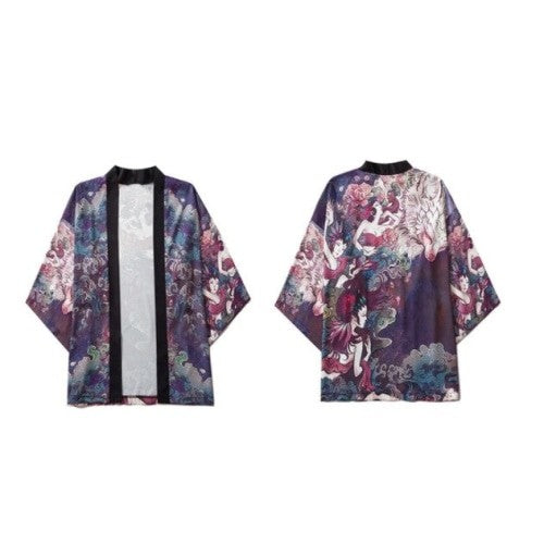 Wolf and Japanese Fairies 3/4 Sleeve Kimono