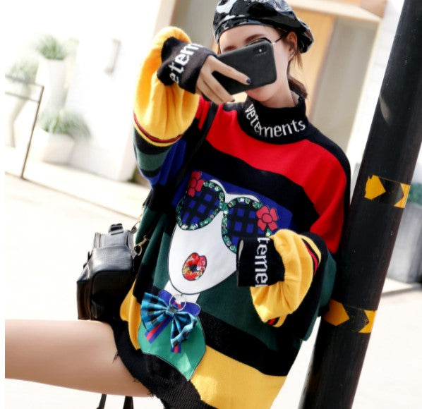 Cartoon 3D Abstract Fashion Girl Sequins Knitted Oversize Sweater