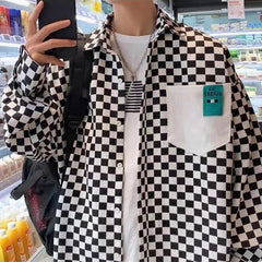 Classic Casual Shirt Coat Men&#39;s 2022 Summer Korean Retro Black And White Plaid Thin Long Sleeve Shirt Unisex Camisa Shopping