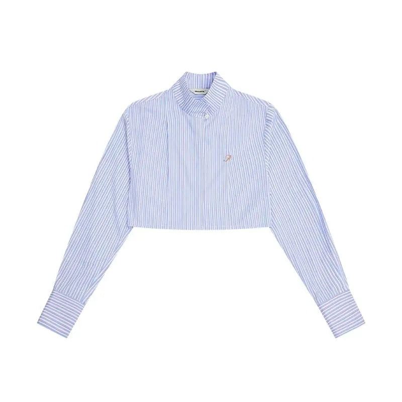 Stand Collar Long Sleeve Striped Short Shirt