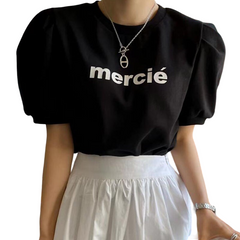 Round Neck Letter Printing Puff Sleeve T-Shirt