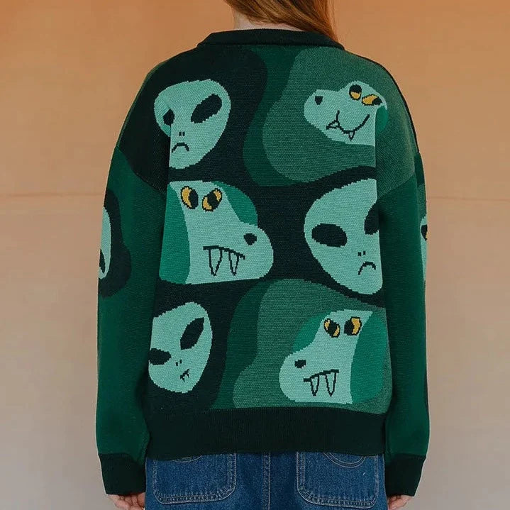 Loose Fit Green Cartoon Sweater