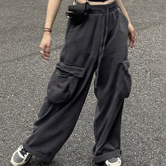 Wide Leg Cargo Pockets Pants High Waist Trouser