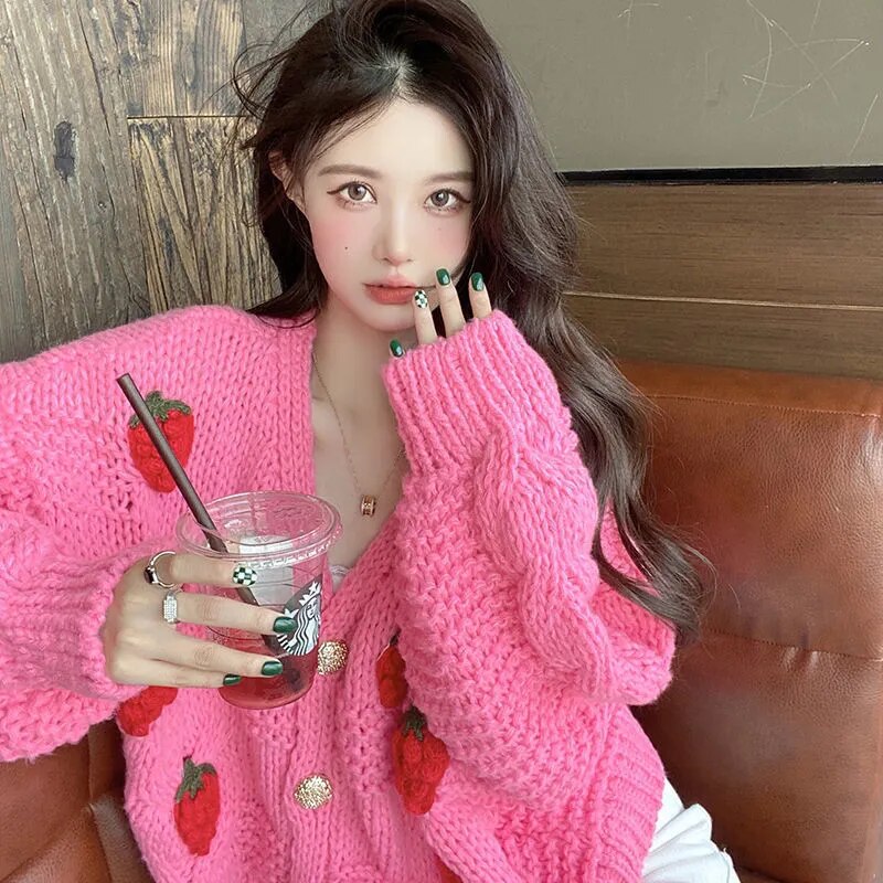 Y2K Aesthetic Long Sleeve Strawberry Oversized Cardigan