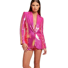 Neon Pink Sequin Turn Down Neck Suit