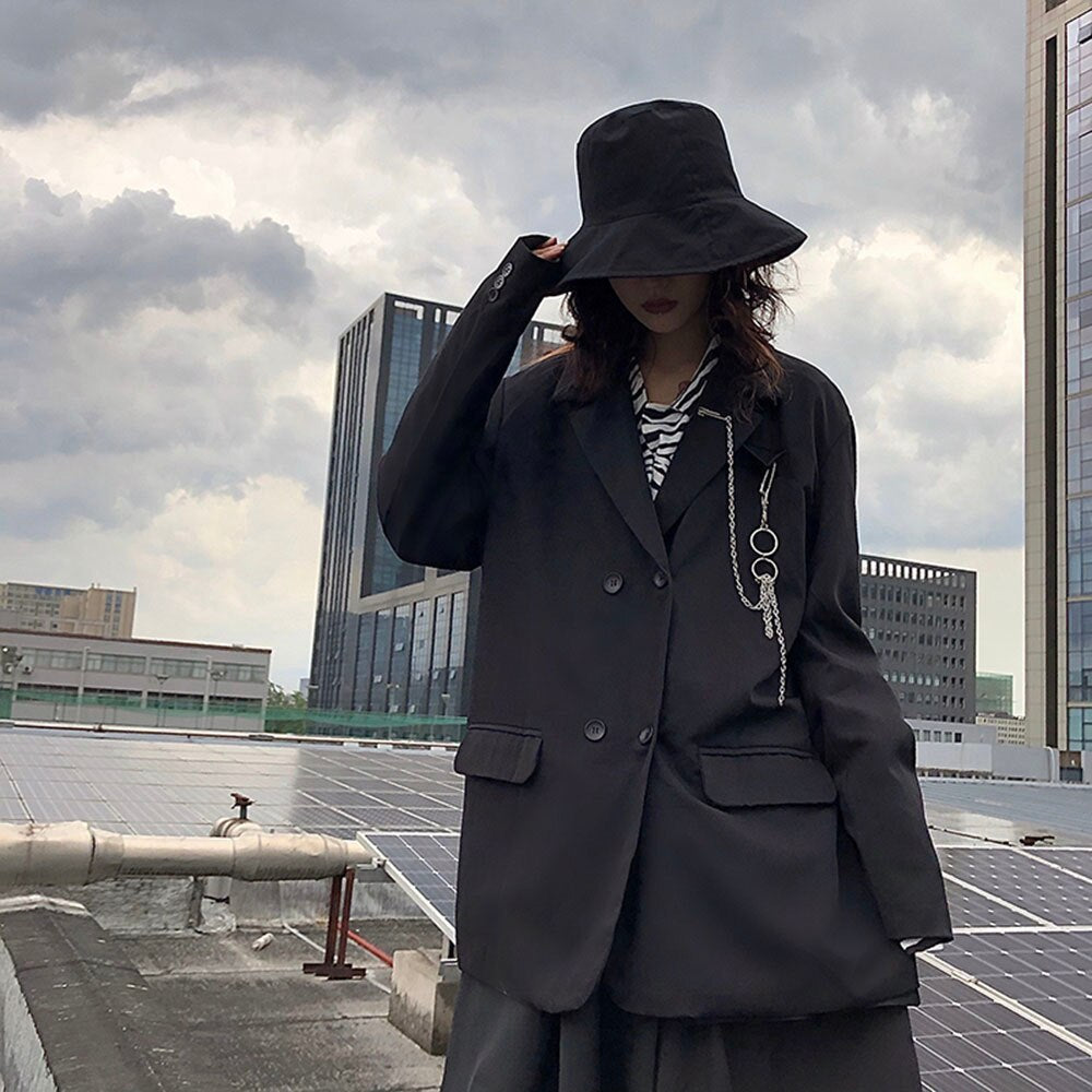 Long Black Blazer With Chains And Pockets