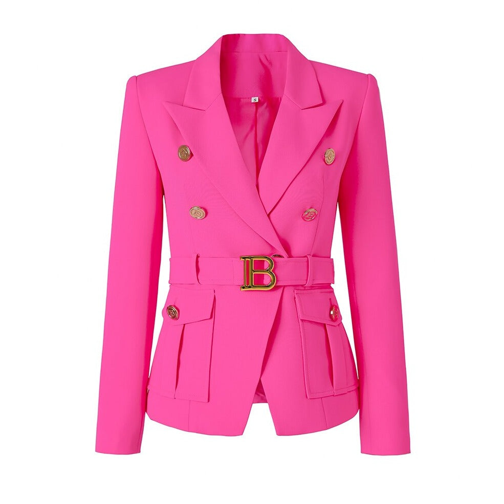 Notched Lapel with Belt Double Pocket Long Sleeve Blazer