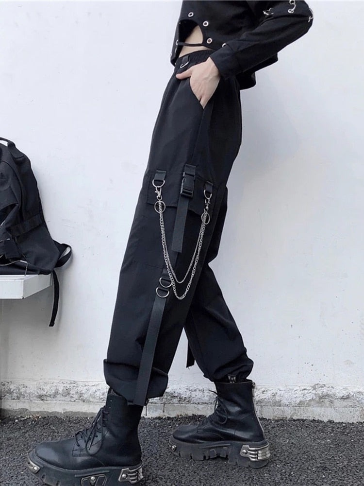 High Waist Streetwear Cargo Pants With Chain