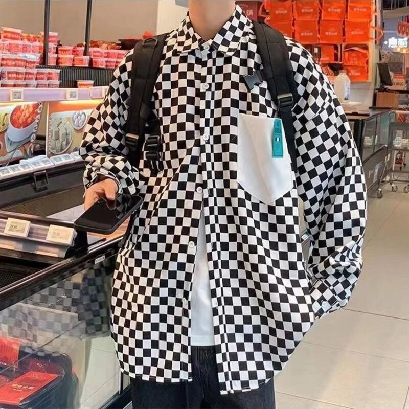 Classic Casual Shirt Coat Men&#39;s 2022 Summer Korean Retro Black And White Plaid Thin Long Sleeve Shirt Unisex Camisa Shopping