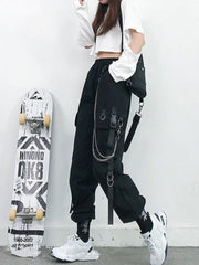 High Waist Streetwear Cargo Pants With Chain