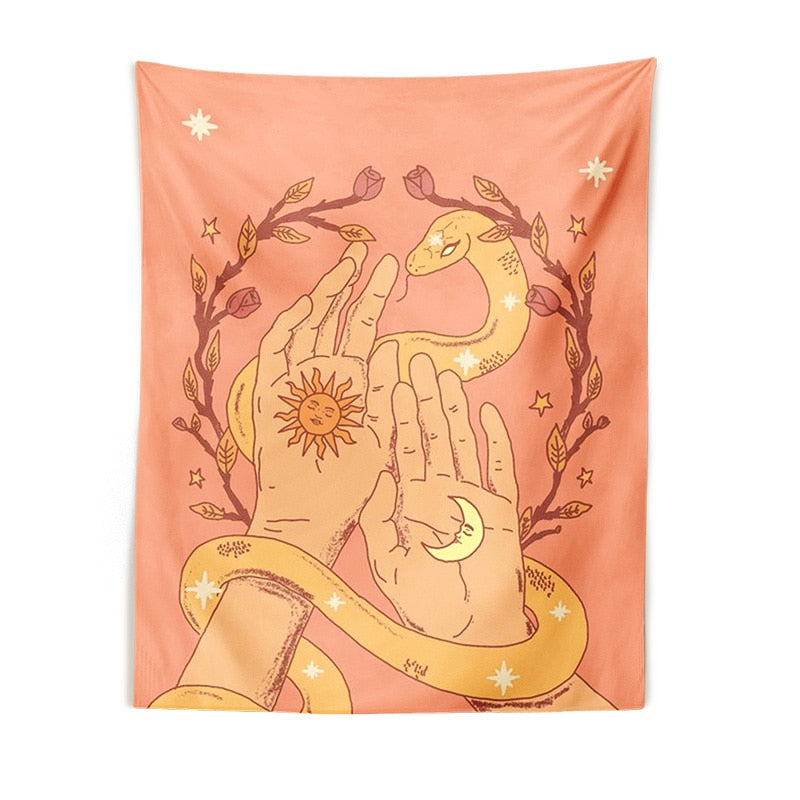 Sun Moon Floral Hand Snake Pink Tapestry