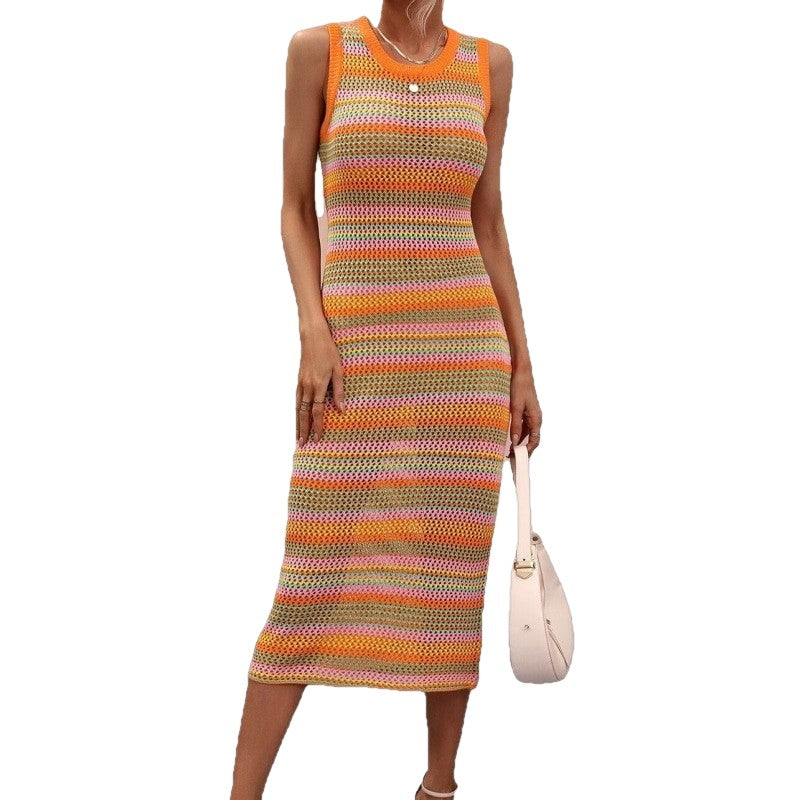 O-Neck Sleeveless Striped Hollow Out Long Acrylic Knit Dress