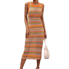 O-Neck Sleeveless Striped Hollow Out Long Acrylic Knit Dress