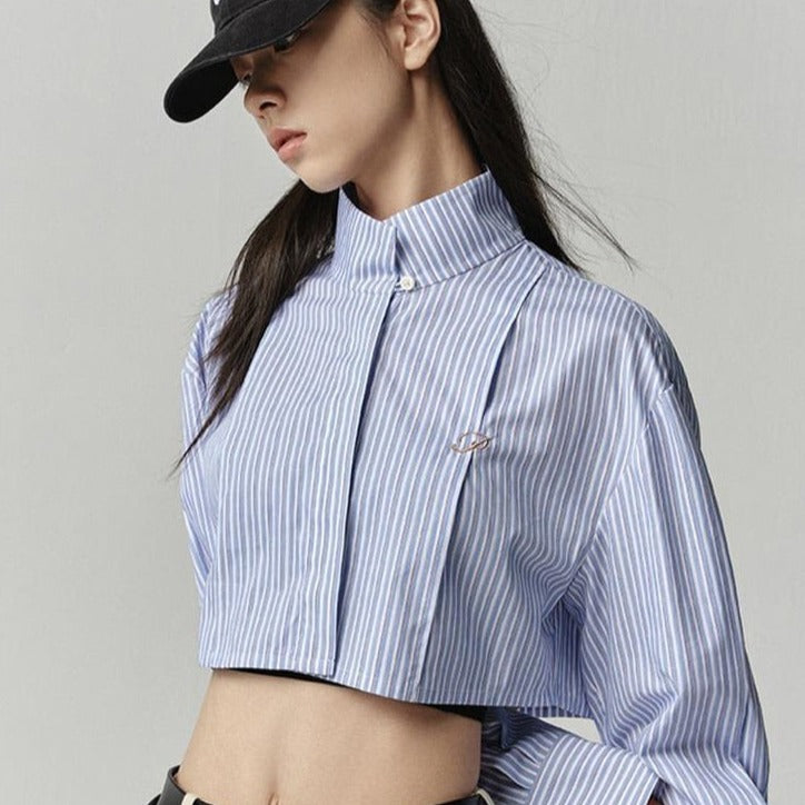 Stand Collar Long Sleeve Striped Short Shirt