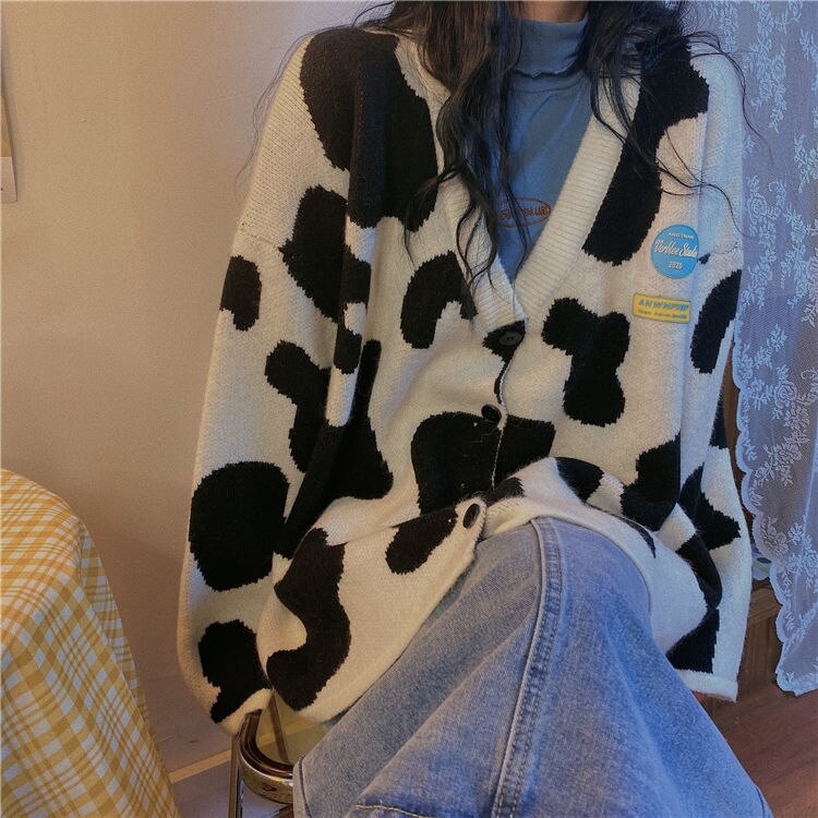 Cow Buttons Up Oversize Knitted Cardigan