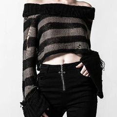 Gothic One Shoulder Stripe Short Sweater