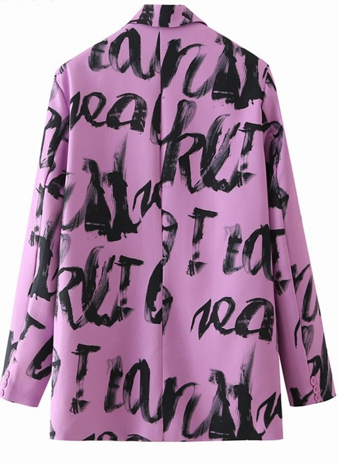 Letter Print Loose Purple Blazer Oversize