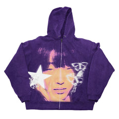 Zip Up Hoodie Face Print Loose Sweatshirt