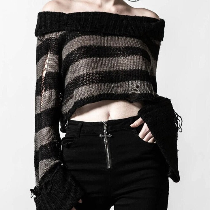 Gothic One Shoulder Stripe Short Sweater