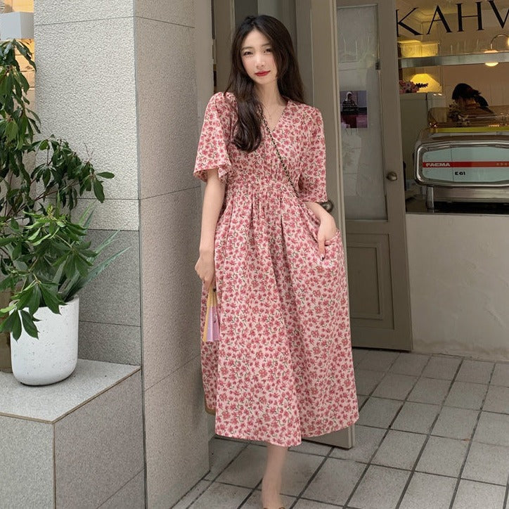 High Long Flare Sleeve Ankle Length Pink Print Dress