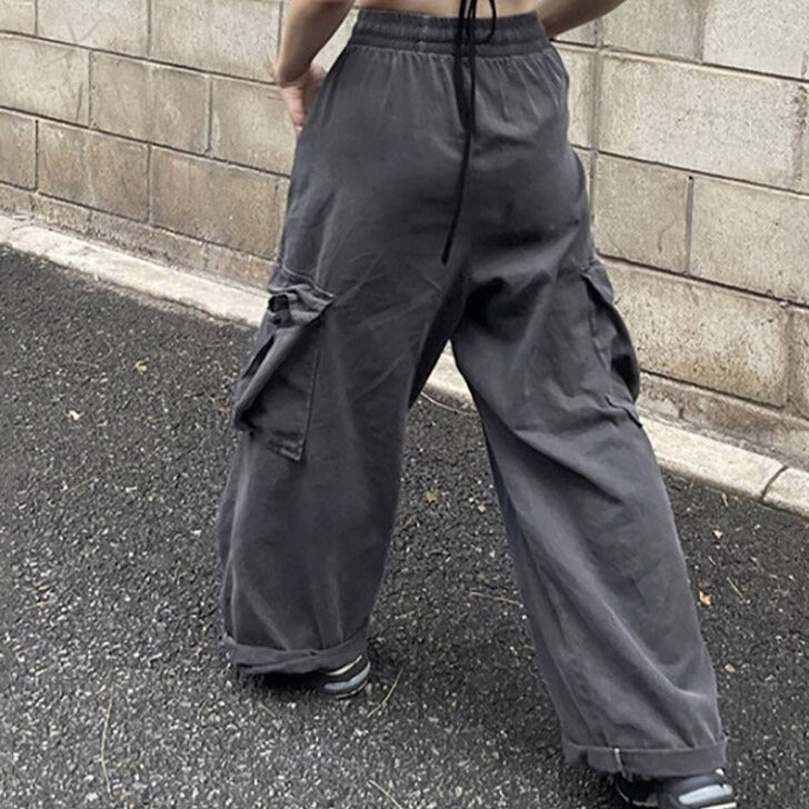 Wide Leg Cargo Pockets Pants High Waist Trouser