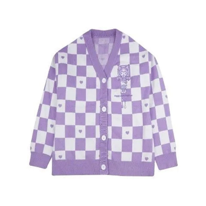 Checkered  With Kawaii Embroidery Cardigan