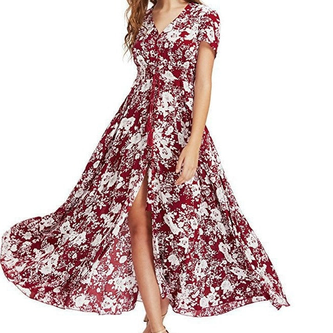 Bohemian Flower Print V-Neck Dress