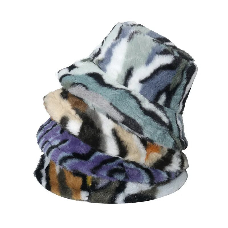 Print Faux Fur Fluffy Bucket Hat