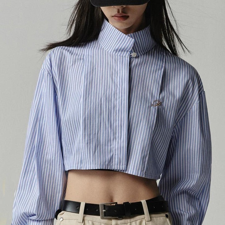 Stand Collar Long Sleeve Striped Short Shirt