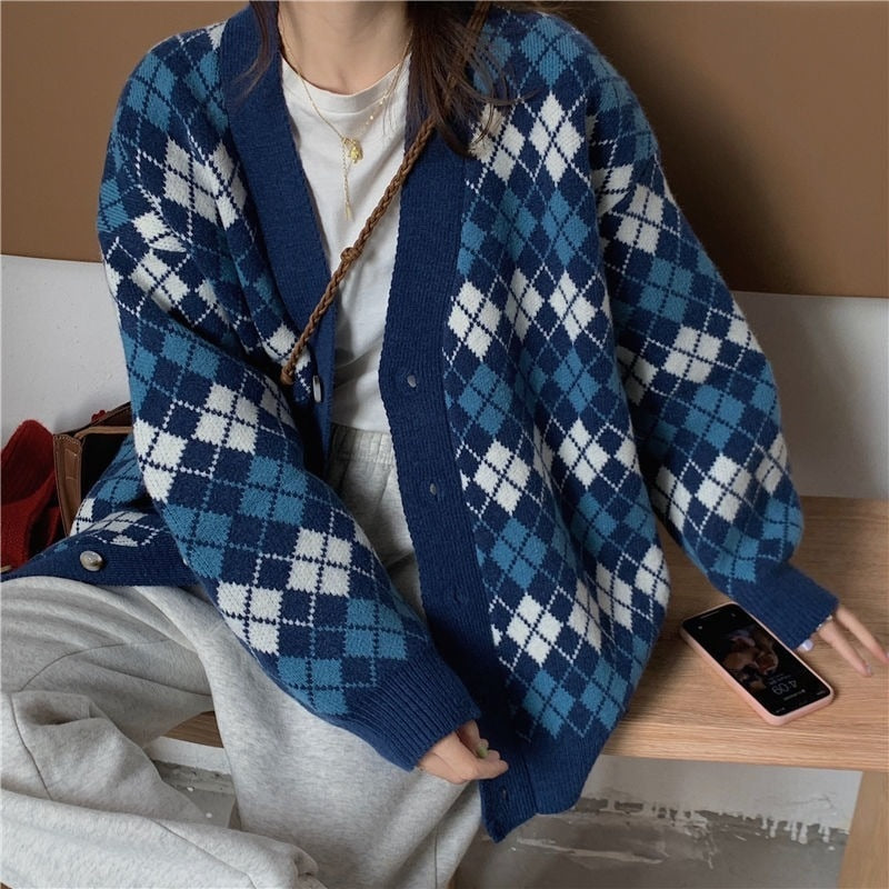 Pastel Checkered Pattern Long Sleeve Buton Up Knitted Cardigan