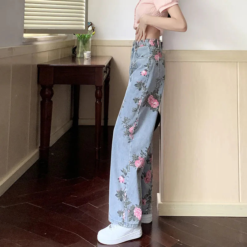 Y2K High Waist Floral Wide Leg Jeans